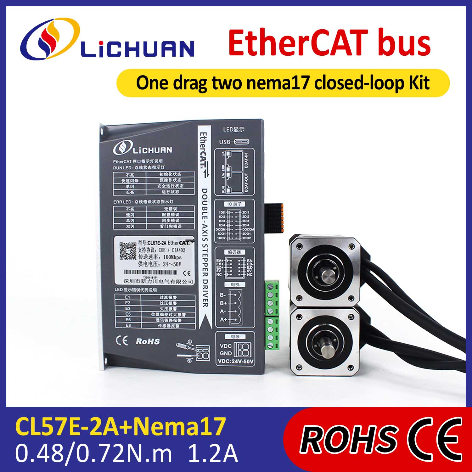EtherCAT 2Phase Nema17 2 ardatz DC begizta itxia urratseko motor gidari kit