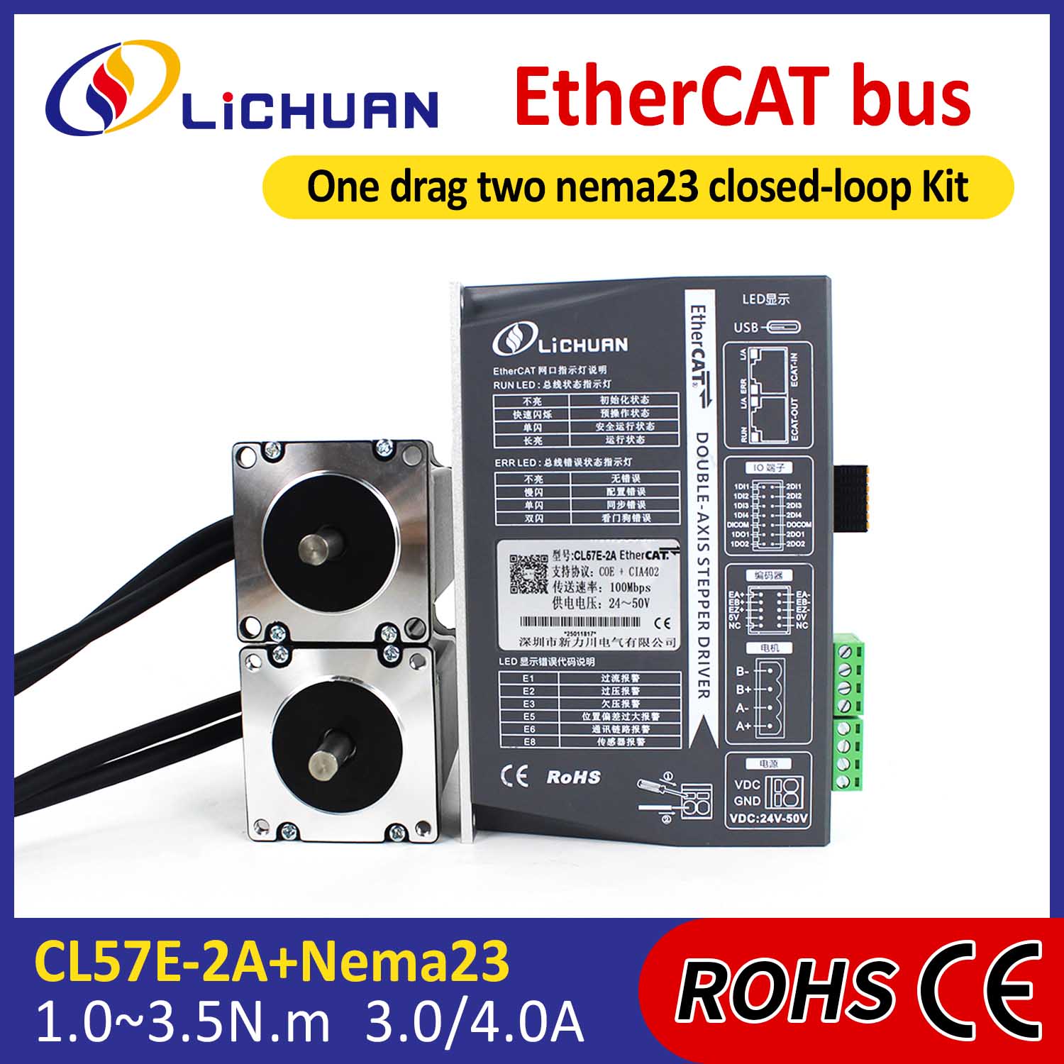 EtherCAT 2Phase Nema23 2 ardatz DC begizta itxia Stepper Motor Driver Kit