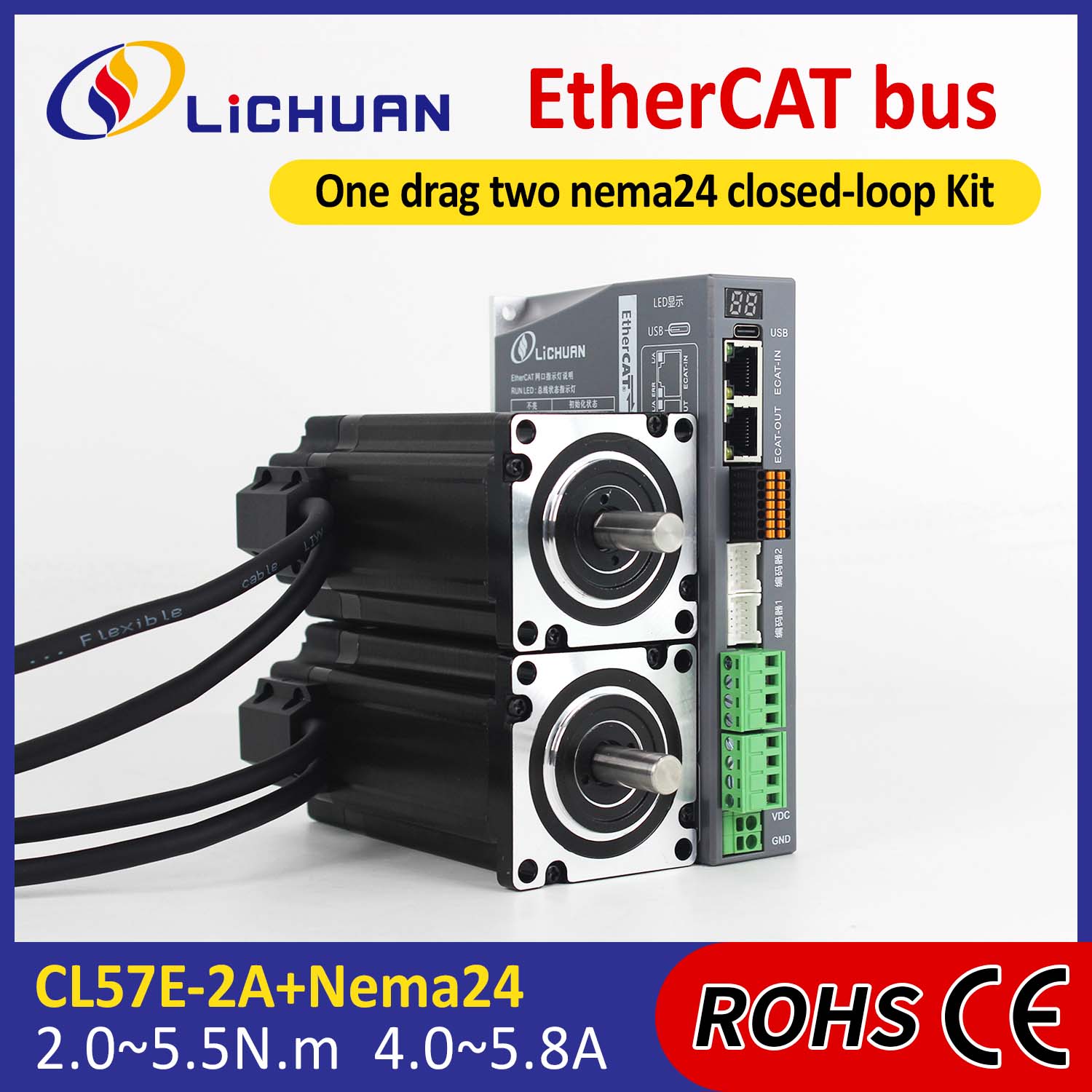 EtherCAT 2Phase Nema24 2 ardatz DC begizta itxia urratseko motor gidari kit