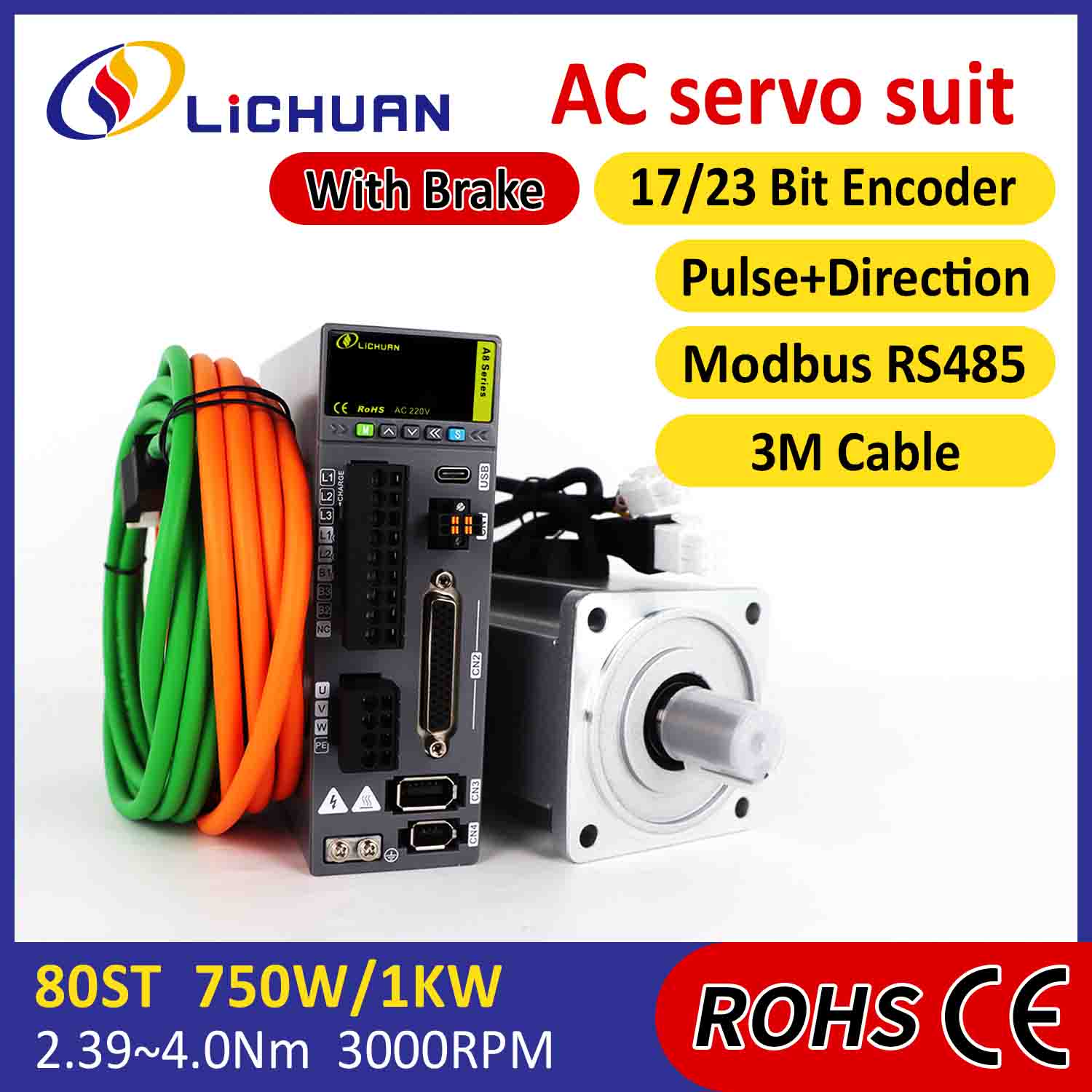 Lichuan AC Servo Motor Drivers Kit A8 Zehaztasun handiko STO ABZ 1000W 1KW 3.2N.m 220V 5.8A 2500/3000RPM IP65