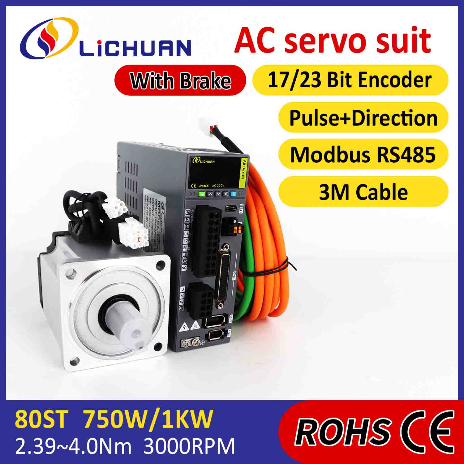 Lichuan AC Servo Motor Drivers Kit A8 Zehaztasun handiko STO ABZ 1001W 1KW 4.0N.m 220V 4.6A 2500/3000RPM IP65