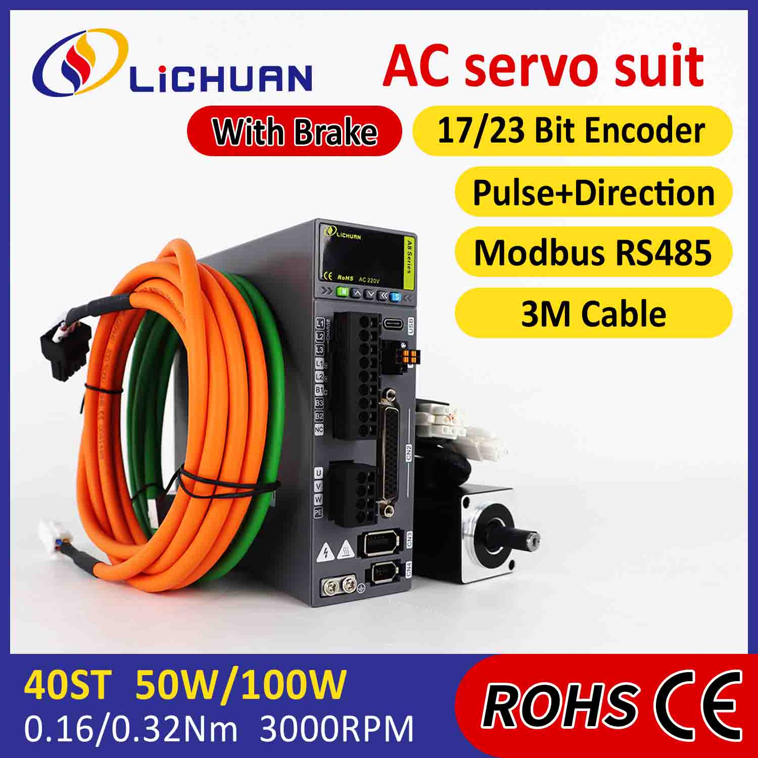 Lichuan AC Servo Motor Drivers Kit A8 Zehaztasun handiko STO ABZ 100W 0.32N.m 220V 1.1A 3000RPM IP65
