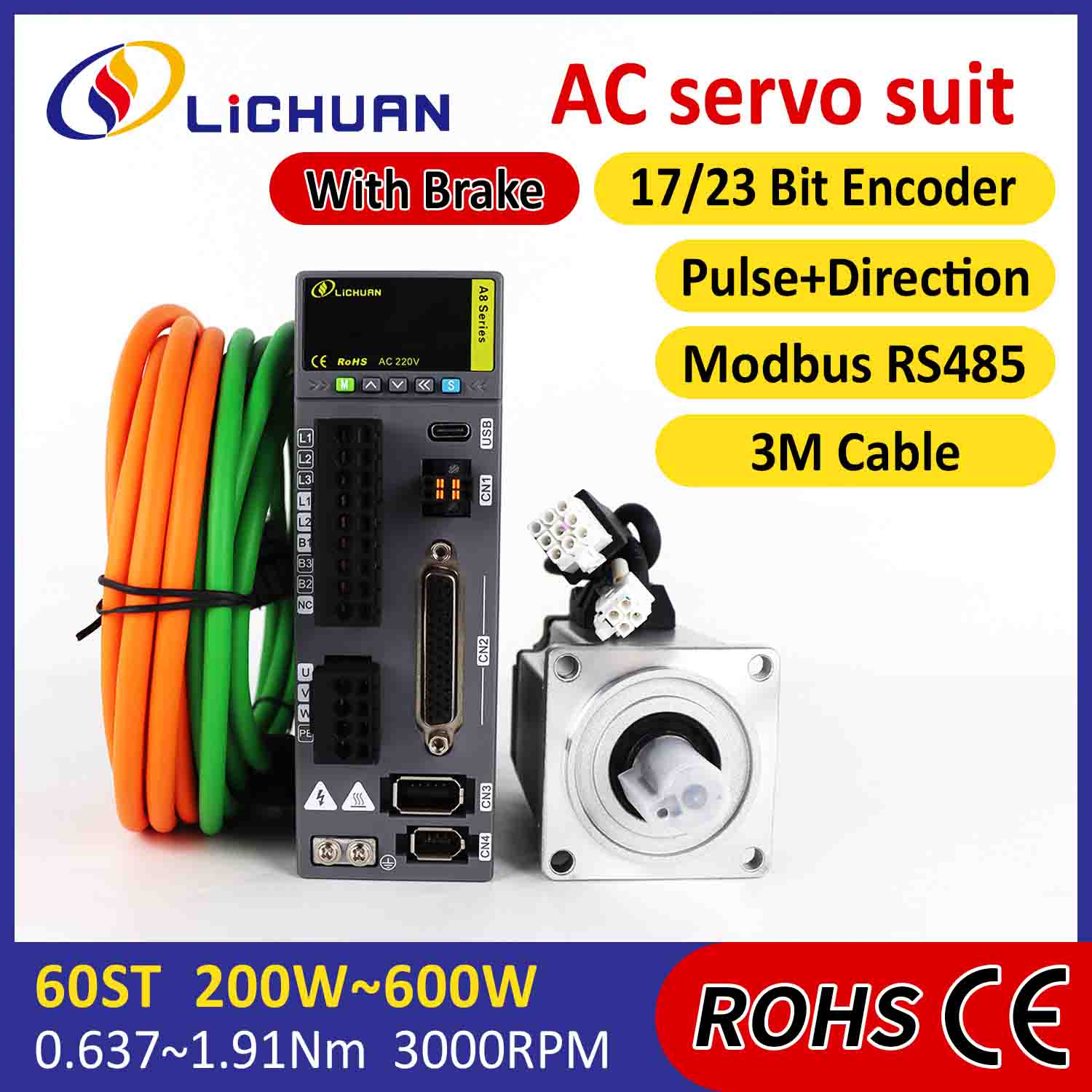 Lichuan AC Servo Motor Drivers Kit A8 Zehaztasun handiko STO ABZ 200W 0.637N.m 220V 1.6A 3000RPM IP65