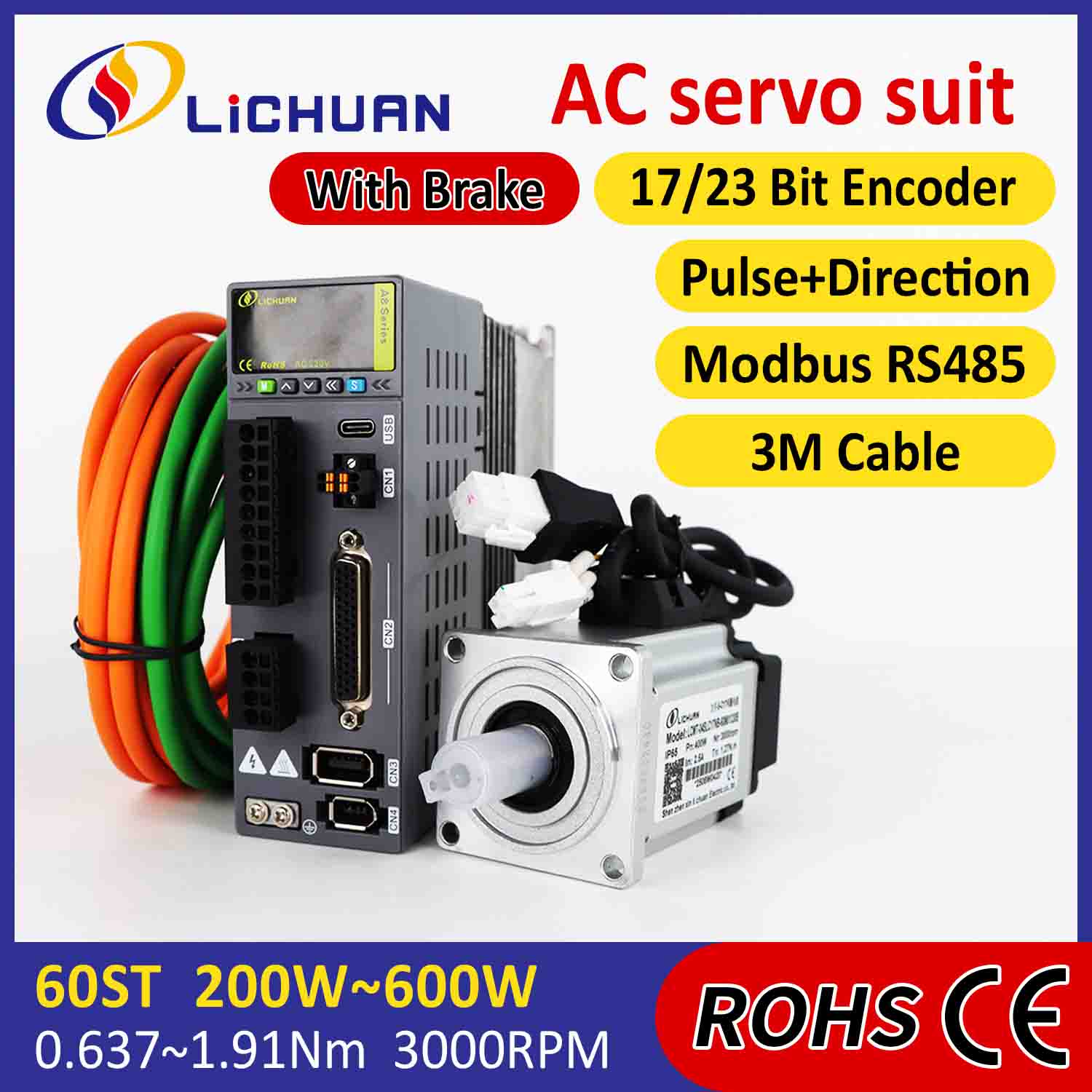 Lichuan AC Servo Motor Drivers Kit A8 Zehaztasun handiko STO ABZ 400W 1.27N.m 220V 2.5A 3000RPM IP65