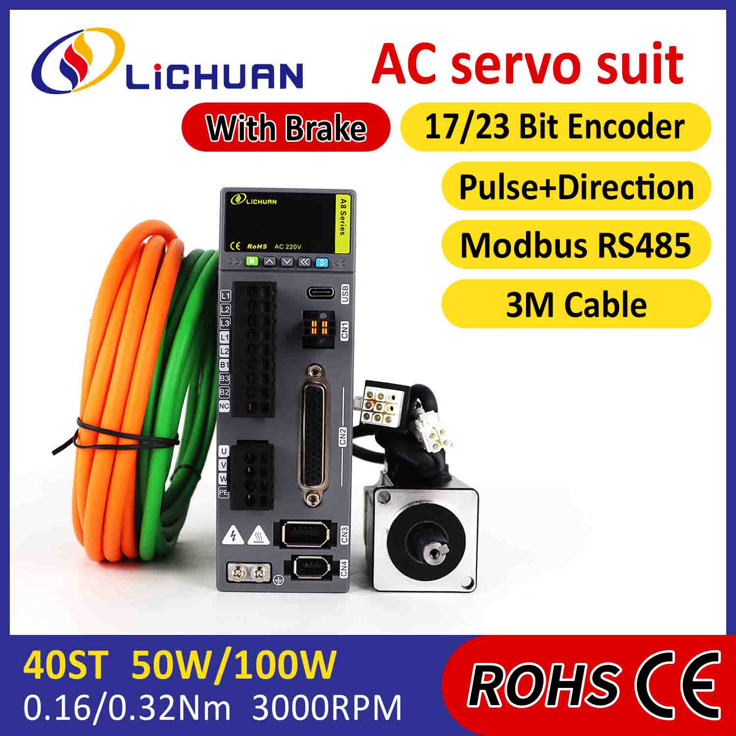 Lichuan AC Servo Motor Drivers Kit A8 Zehaztasun handiko STO ABZ 50W 0.16N.m 220V 0.8A 3000RPM IP65