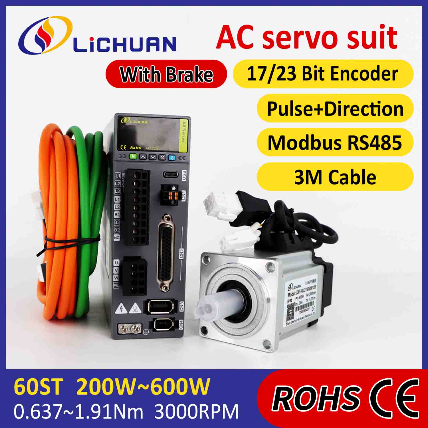 Lichuan AC Servo Motor Drivers Kit A8 Zehaztasun handiko STO ABZ 600W 1.91N.m 220V 3.3A 3000RPM IP65