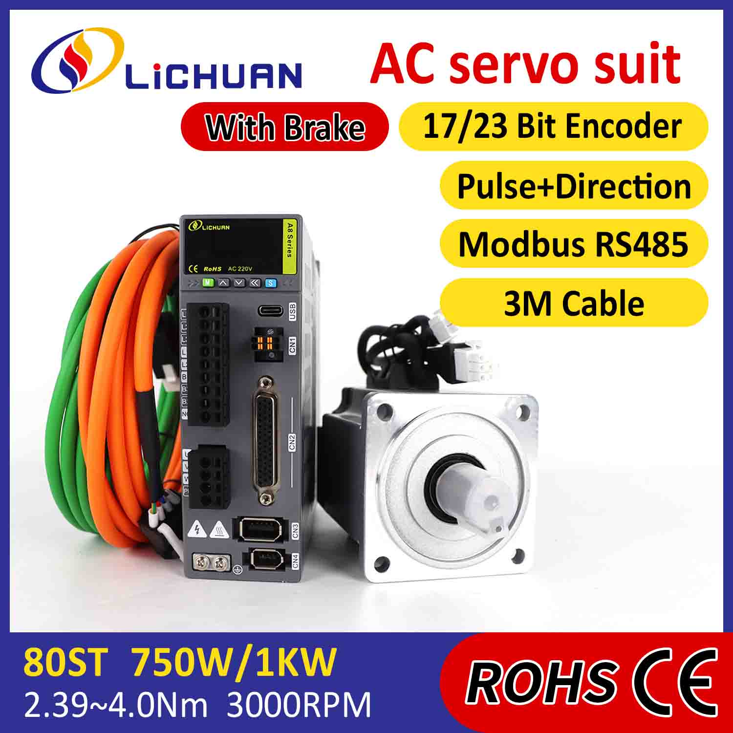 Lichuan AC Servo Motor Drivers Kit A8 Zehaztasun handiko STO ABZ 750W 0.75KW 2.39N.m 220V 4.5A 2500/3000RPM IP65
