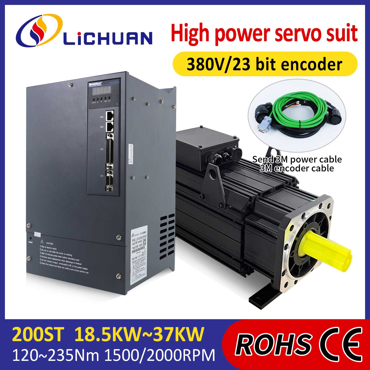Lichuan AC Servo Motor Drivers Kit POTENTZIA HANDIA 120N.m 18.5KW AC380V 31.8A 1500/2000RPM IP65