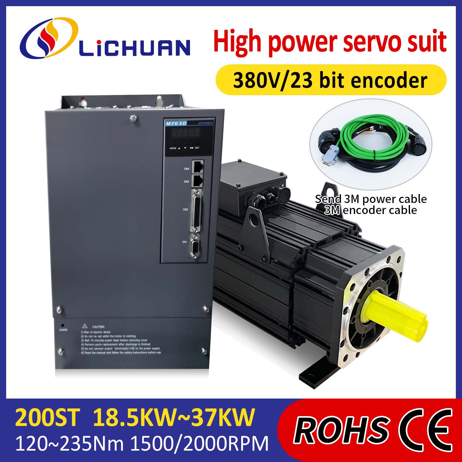 Lichuan AC Servo Motor Drivers Kit POTENTZIA HANDIA 88N.m 18.5KW AC380V 31.6A 1500/2000RPM IP65