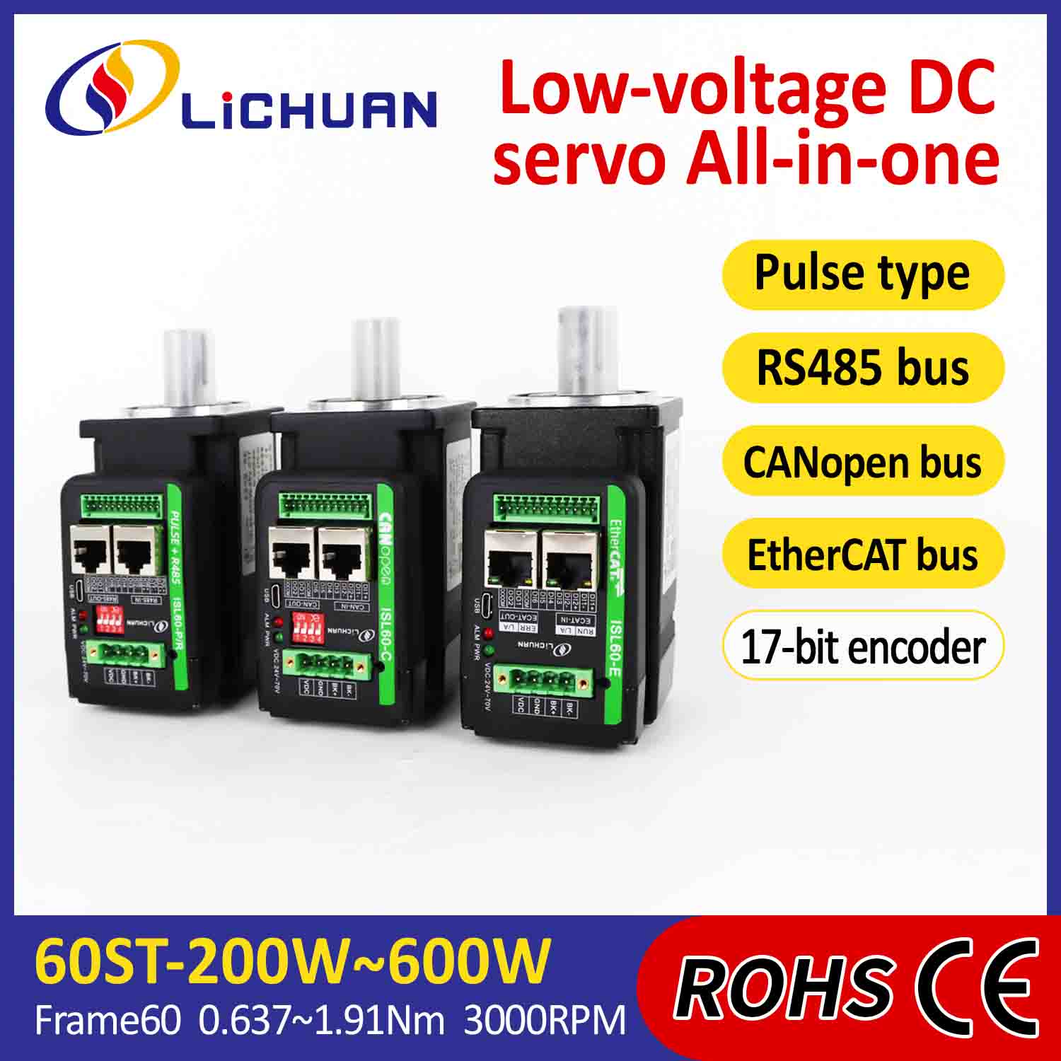 Lichuan Integratutako Servo Motor Driver L itxurako 400W 1.27N.m DC24/48V 6.0/10/12/15A 3000RPM IP65