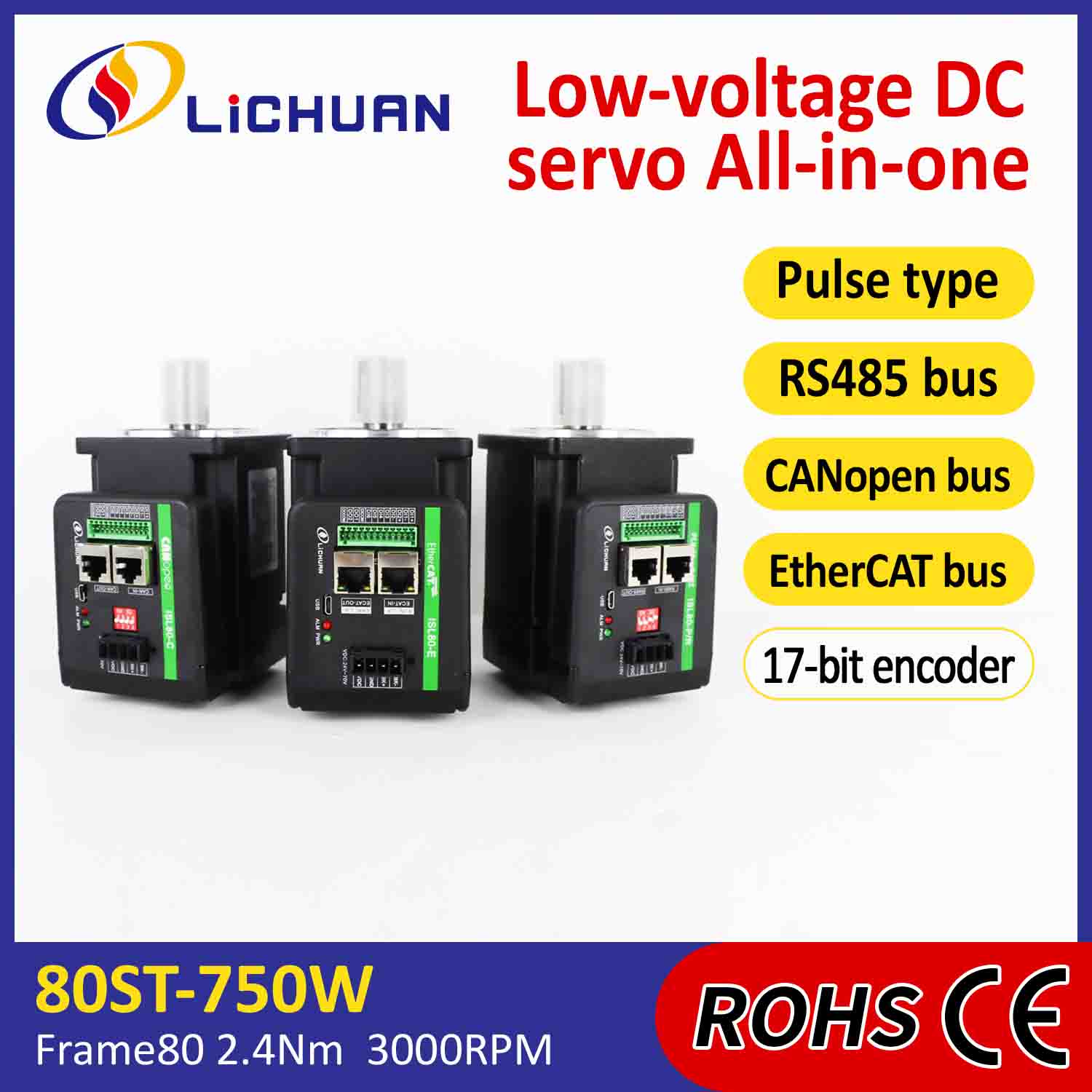 Lichuan Integratutako Servo Motoren Gidaria L itxurako 750W 2.4N.m DC48V 20A 3000RPM IP65