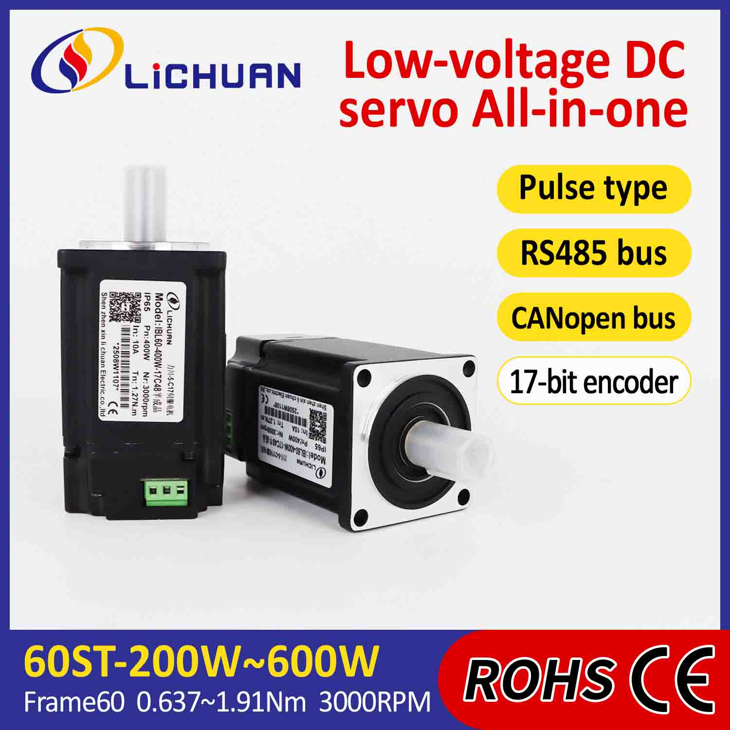 Lichuan Servomotor Integratuak Gidaria Pultsua/RS485/CANopen Kontrola 600W 1.91N.m DC24/48V 6/10/12/15A 3000RPM IP65