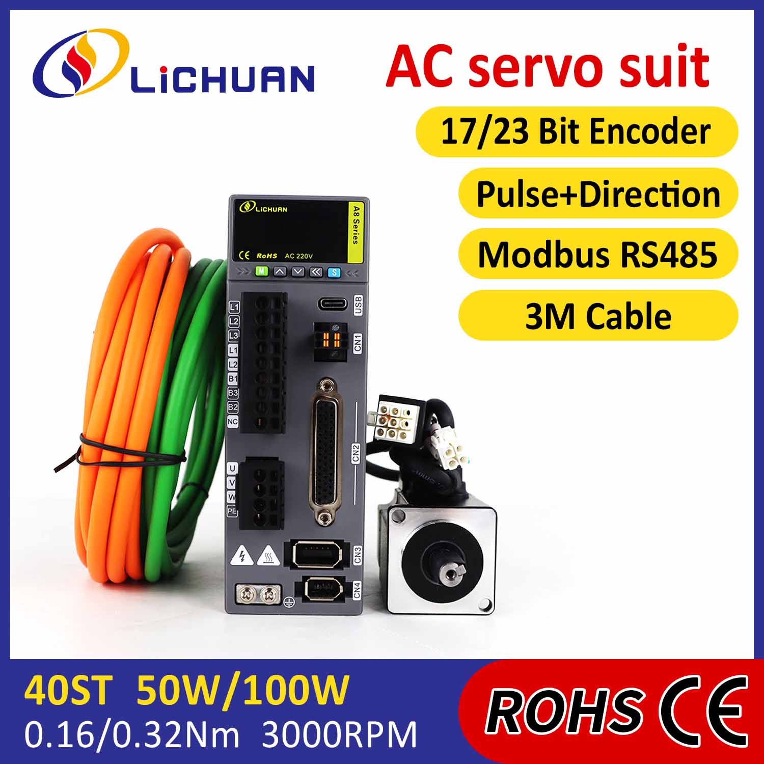 Pulse/RS485 50W/100W 2500/3000RPM A8 Zehaztasun handiko STO ABZ AC Servo Motor Drivers Kit