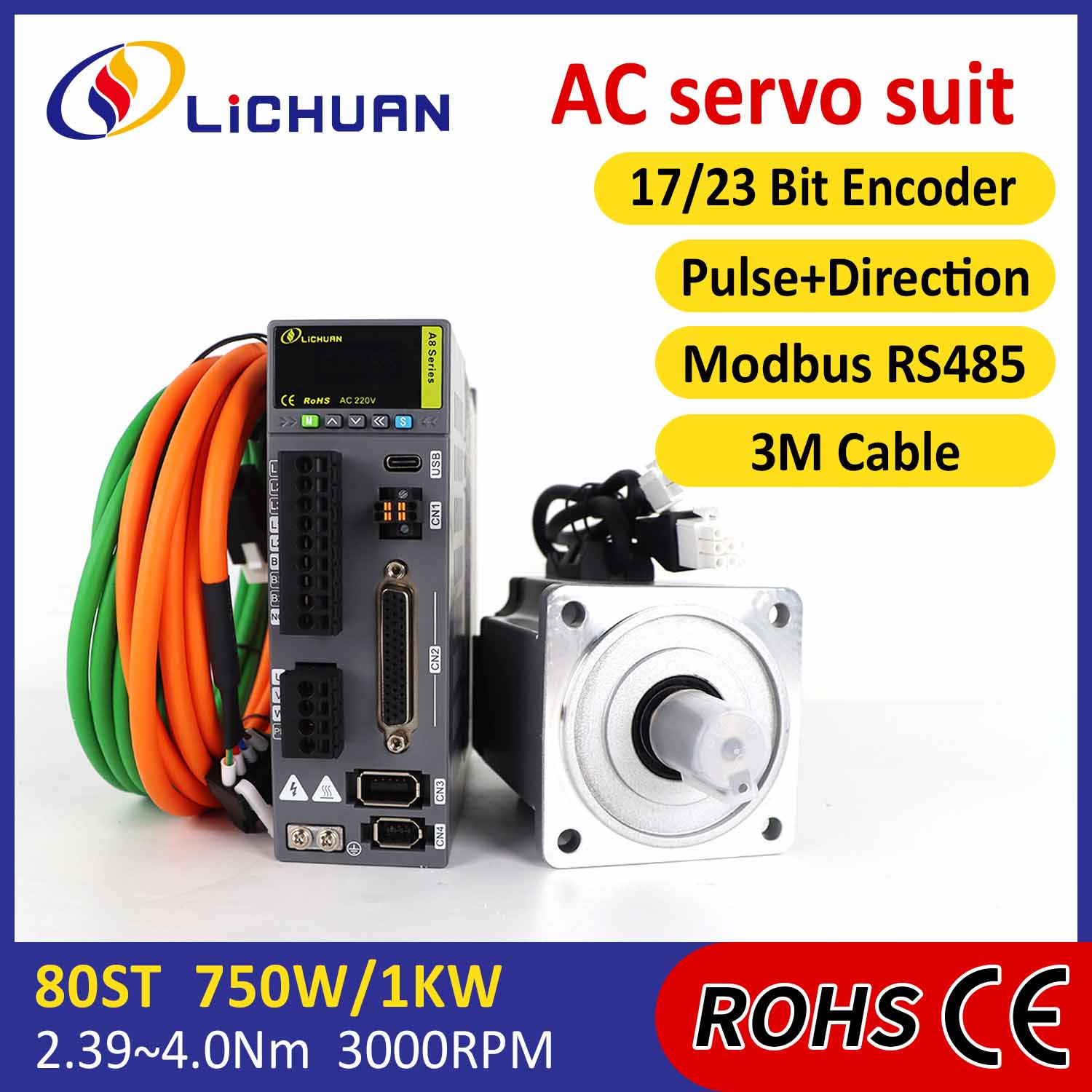 Pulse/RS485 750W/1000W/1001W 2500/3000RPM A8 Zehaztasun handiko STO ABZ AC Servo Motor Drivers Kit