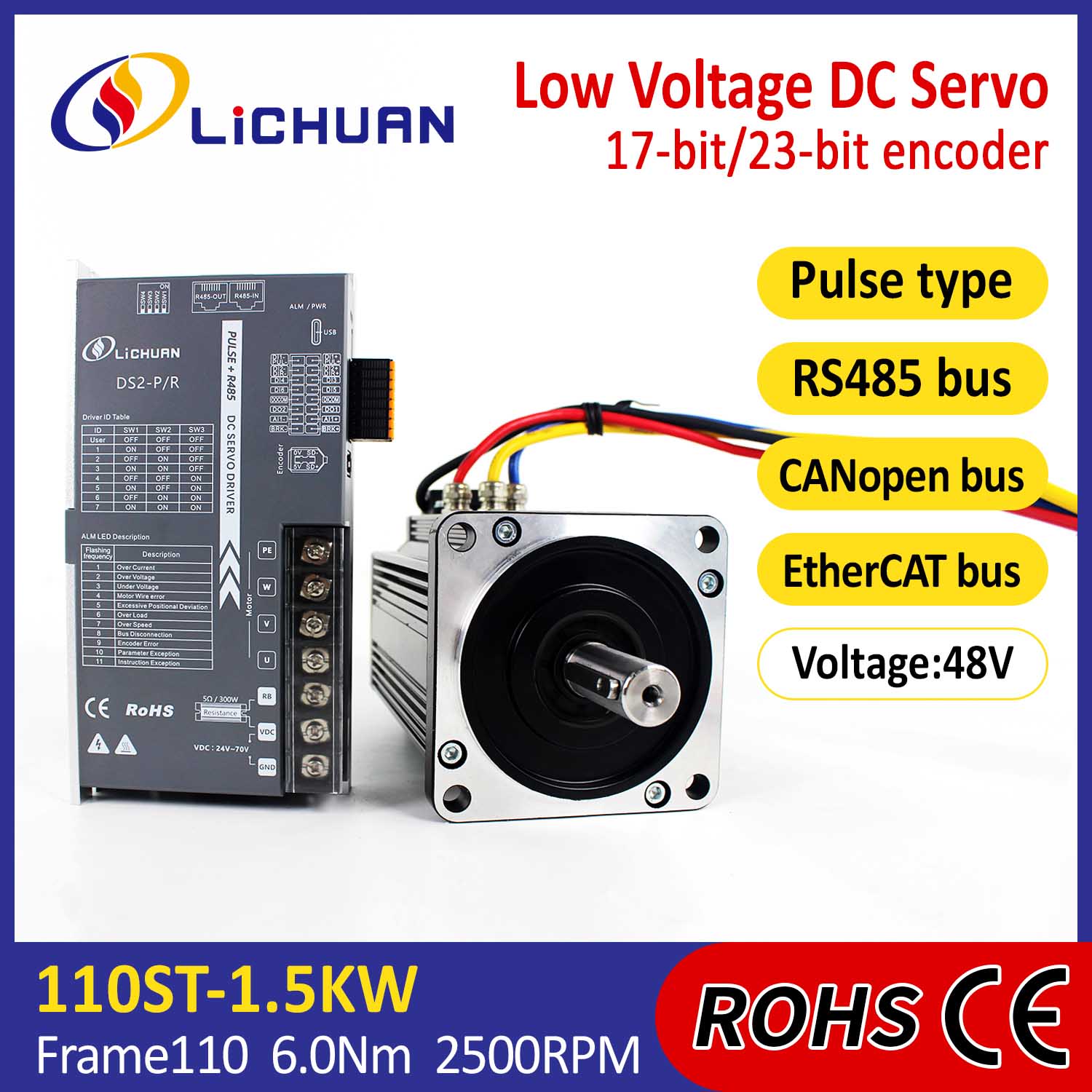 Pulse/RS485/CANopen/EtherCAT 110 FLANGED 1.5KW/1500W DC Servo Motor Driver Kit