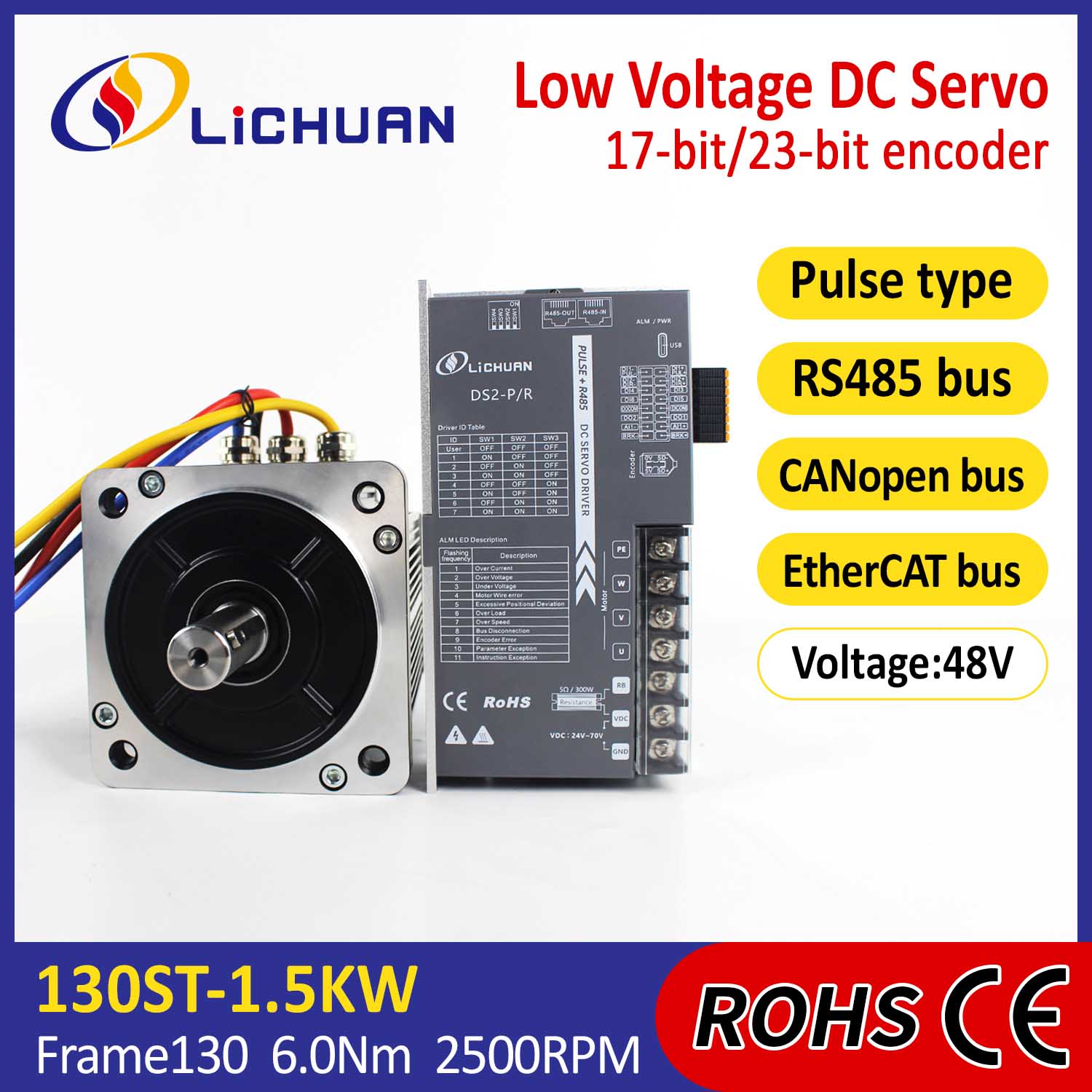 Pulse/RS485/CANopen/EtherCAT 130 FLANGED 1.5KW/1500W Tentsio baxuko DC Servo Motor Drivers Kit