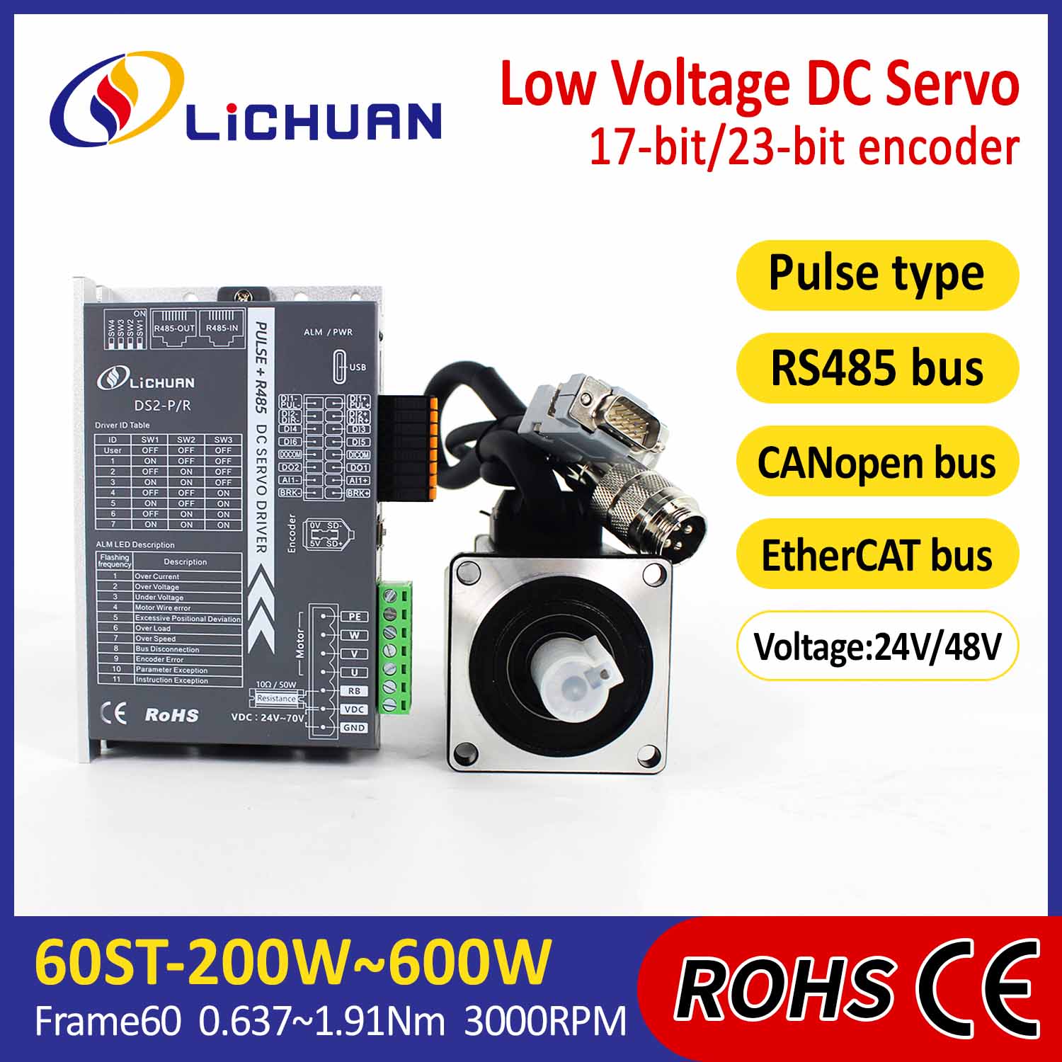 Pulse/RS485/CANopen/EtherCAT 60 FLANGED 200W/400W/600W Tentsio Beheko DC Servo Motor Drivers Kit
