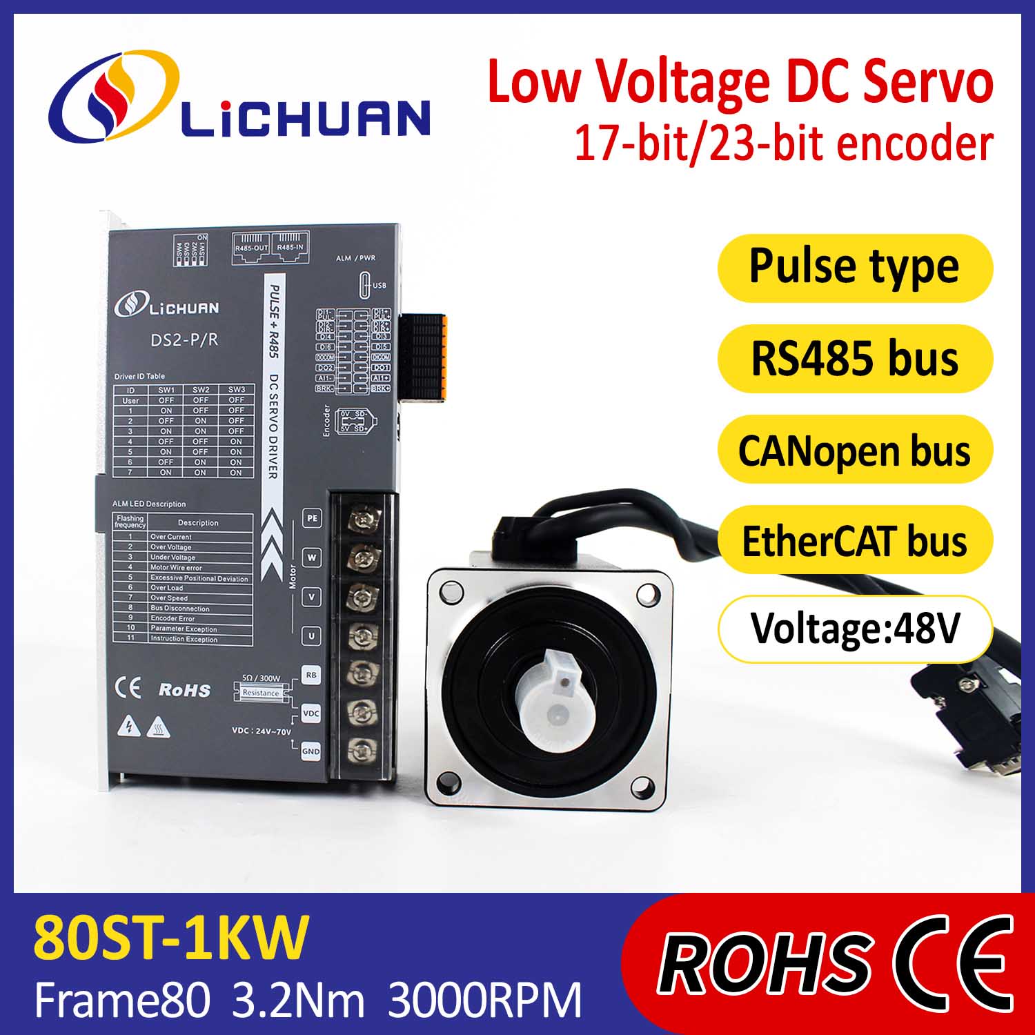 Pulse/RS485/CANopen/EtherCAT 80 FLANGED 1KW/1000W DC Servo Motor Drivers Kit