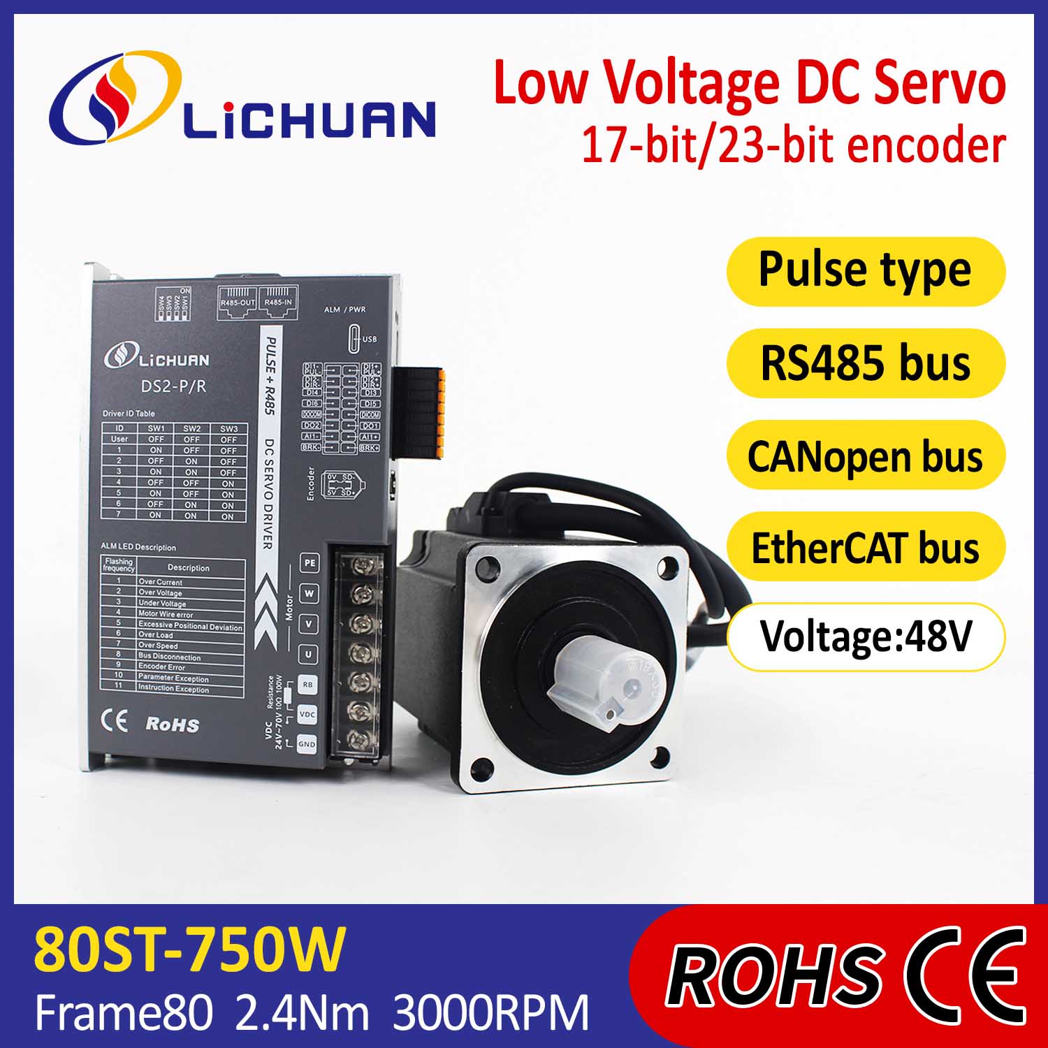 Pulse/RS485/CANopen/EtherCAT 80 FLANGED 750W DC Servo Motor Drivers Kit